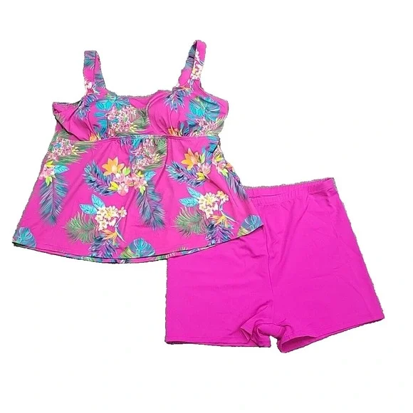 Kim Gravel x Swimsuits For All Scoop Neck Tankini Set w Bike Shorts Size 16 Pink - Picture 1 of 9